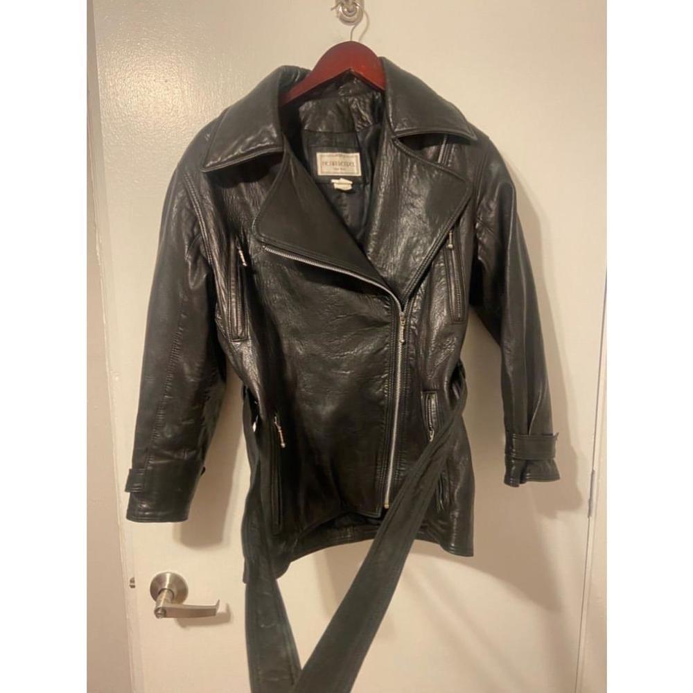 Vintage Rare Henri Bendel New York Black Leather Belted Biker Jacket Size 4 - Picture 4 of 10